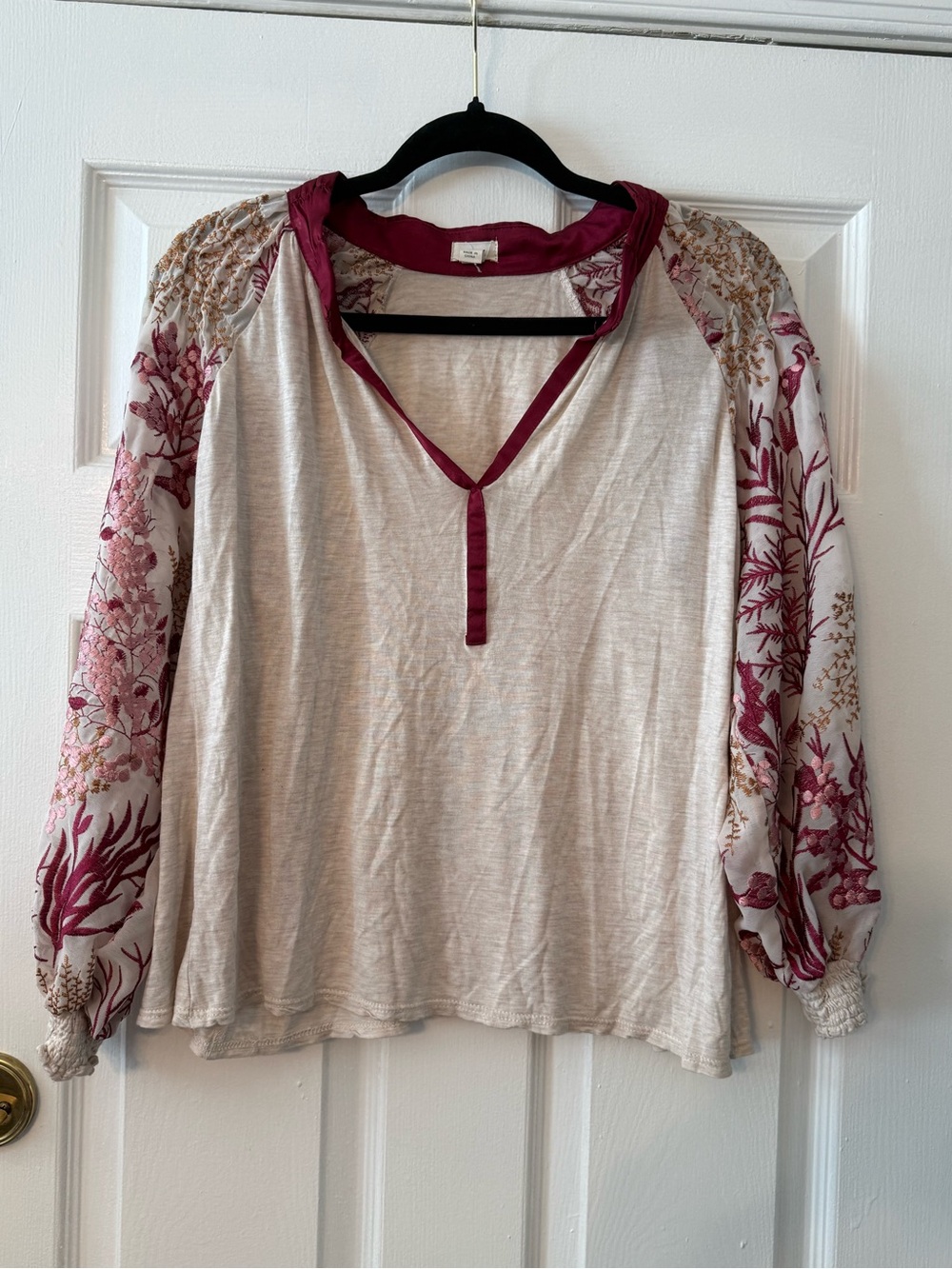 Anthropologie Tiny Boho Floral Raglan Sleeve Top - Cream with Burgundy Accents